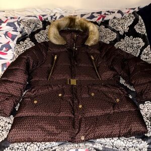 Michael Kors Belted Brown Puffer Jacket with Fur Trimm Hood